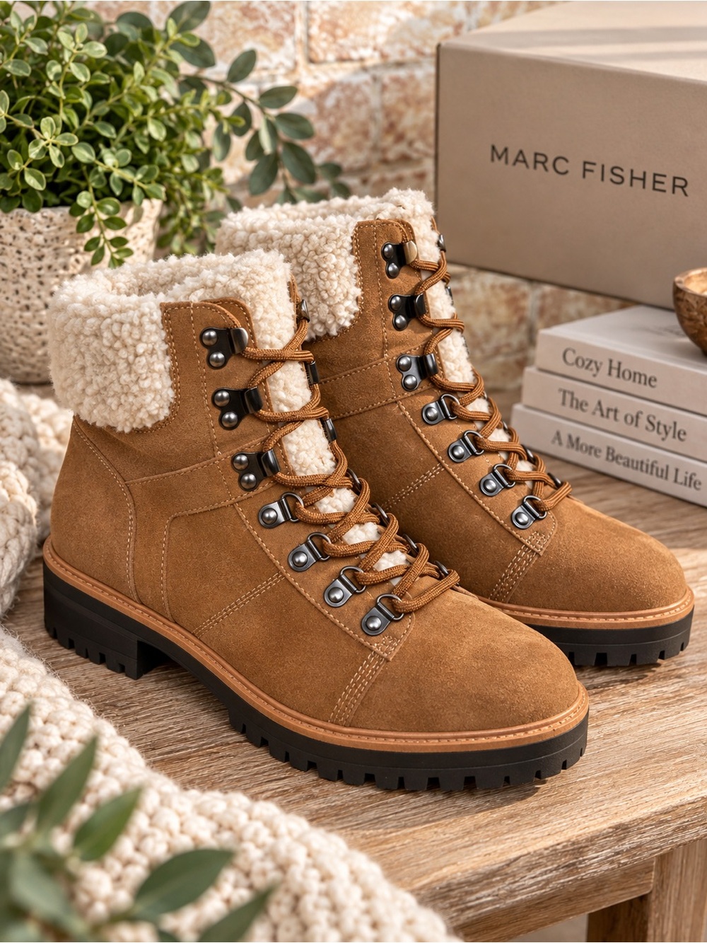 Marc Fisher Brown Suede Shearling Hiker Lug Boots Women’s 6.5 #49